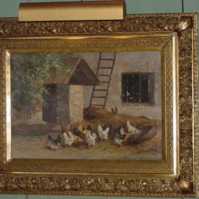 Barnyard Scene Of Chicken Frolicking In a Yard