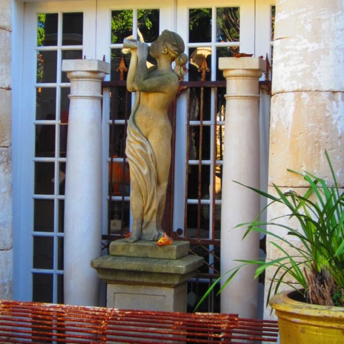Set Of Three Art Deco Stone Statues Depicting Maidens Playing Musical Instruments - Image 2