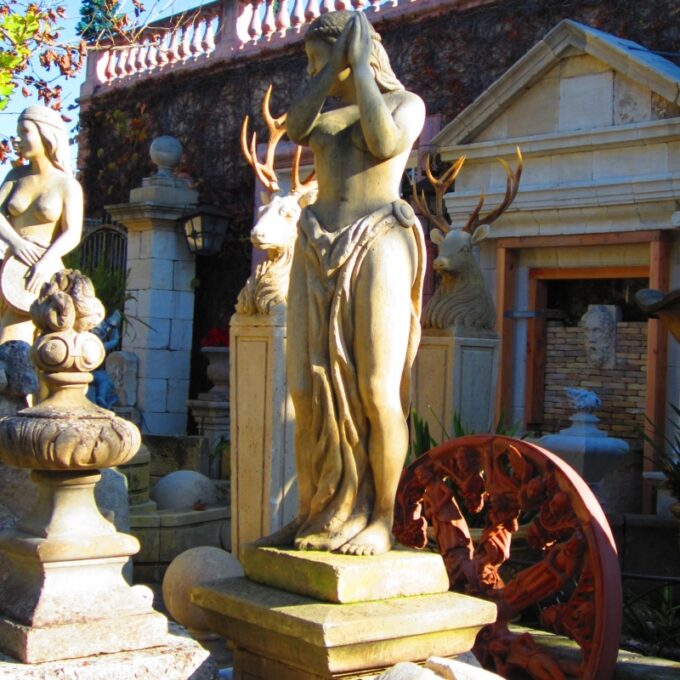 Set Of Three Art Deco Stone Statues Depicting Maidens Playing Musical Instruments - Image 3
