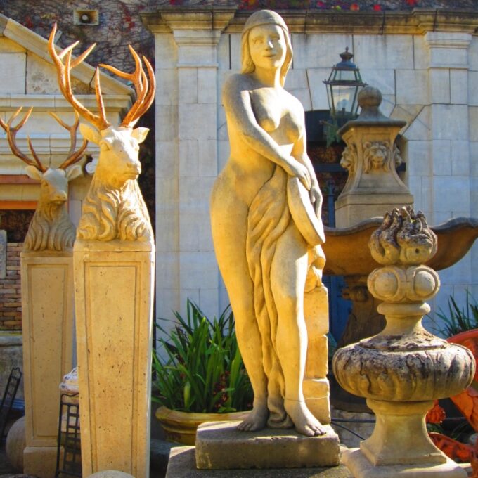 Set Of Three Art Deco Stone Statues Depicting Maidens Playing Musical Instruments - Image 4