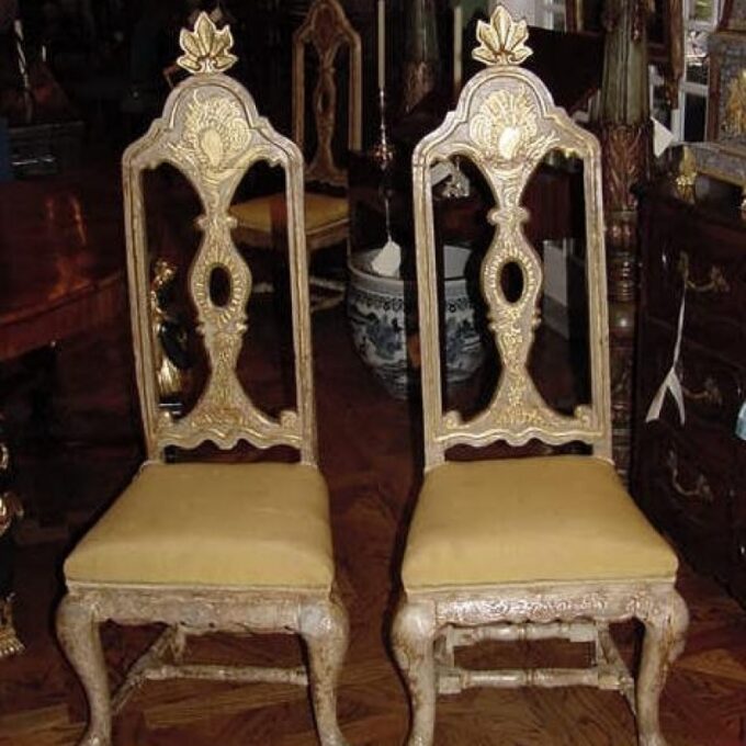 A Very Rare Set Of 4 Italian Rococo Painted & Partial Gilt Dining Chairs