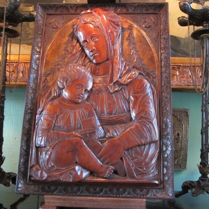A Beautifully Carved 18th Century Fruit wood Plaque Madonna and Child