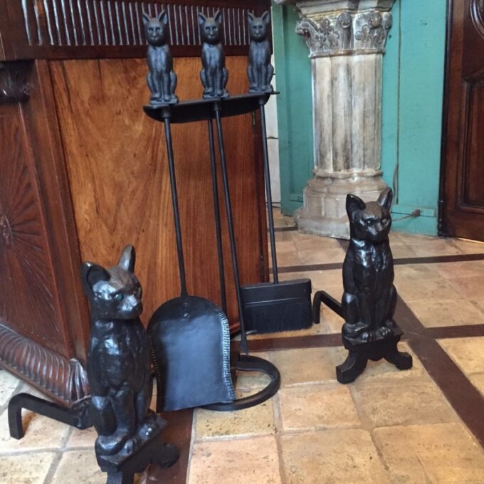 Handmade Cast Iron Fireplace Cat Andirons