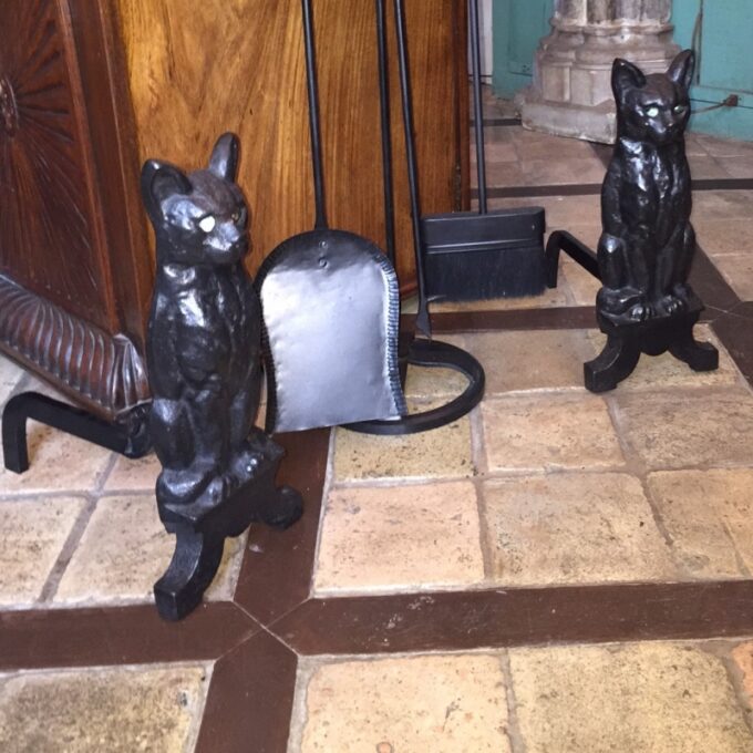 Handmade Cast Iron Fireplace Cat Andirons