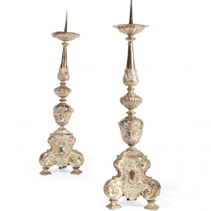Pair 18th Century Italian Baroque Silvered Metal Candle Sticks