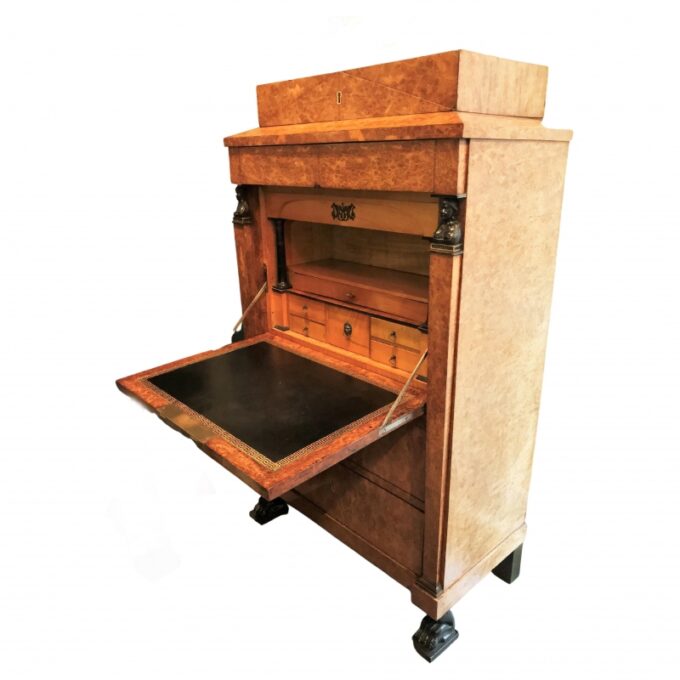 19th C. Royal Antique Burl Wood Secretary Desk & Black Leather Drop Leaf Top HRH