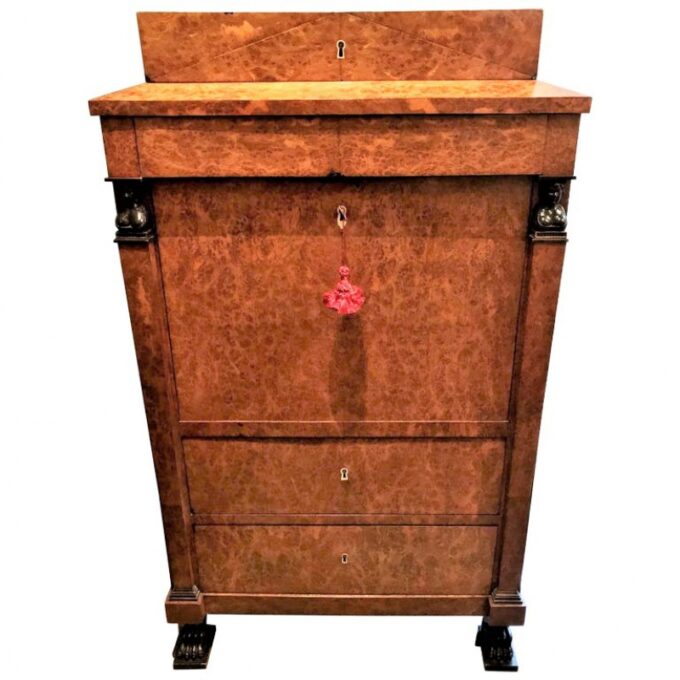 19th C. Royal Antique Burl Wood Secretary Desk & Black Leather Drop Leaf Top HRH - Image 2