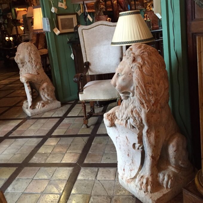 Pair 18th C. Carved Marble Terracotta Figures Lions Sculptures Garden Statues LA - Image 2