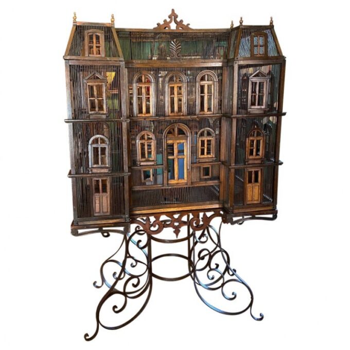 Large 19th C. Hand Crafted Birdcage on Stand Antique Decorative interior Design