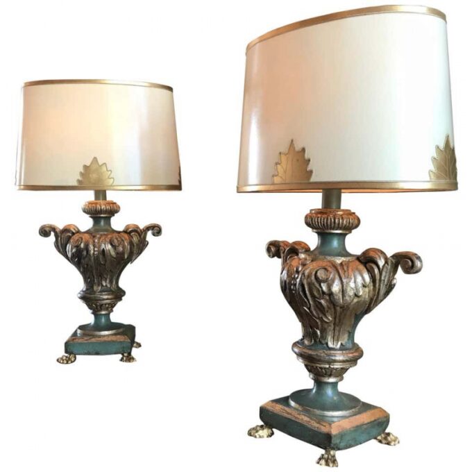 Pair Table Lamps Antique Venetian Carved Wood Urns gilt Green / Shades & finial