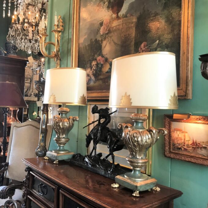 Pair Table Lamps Antique Venetian Carved Wood Urns gilt Green / Shades & finial - Image 2