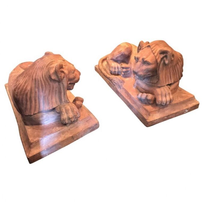 Rare Pair French Retour D'egypt Terracotta Lions Sculptures Statues Los Angeles