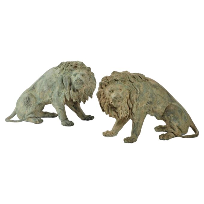 Large Pair Patinated Life size Bronze Statues Sculpture of Regal Big Cats Lions