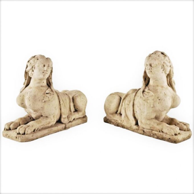 Pair 19th C. Hand Carved Stone Statues Sphinx Sculpture Garden Antiques LA CA