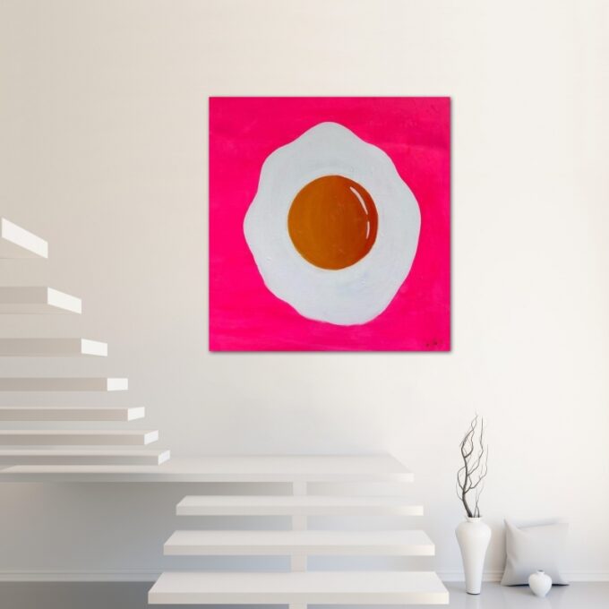 Fried Egg Acrylic on Canvas By Tone Murr Modern pop contemporary Wall Art Pink - Image 2