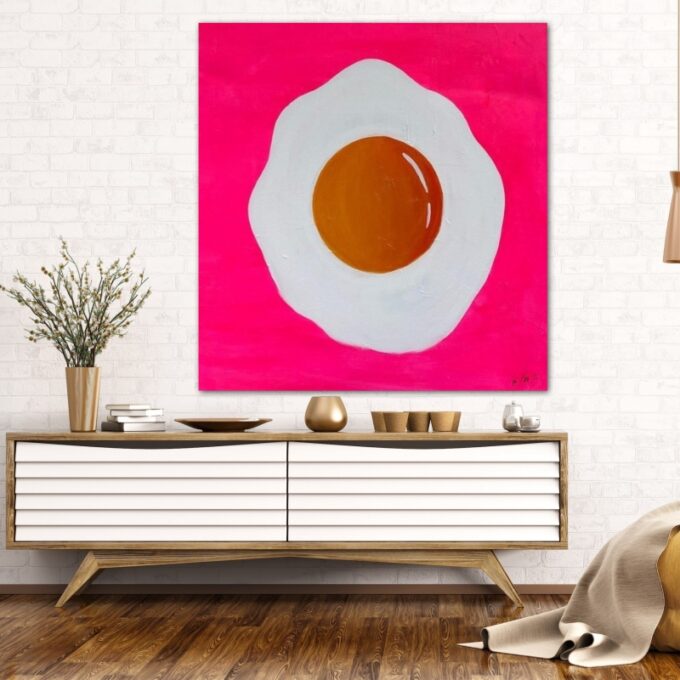 Fried Egg Acrylic on Canvas By Tone Murr Modern pop contemporary Wall Art Pink - Image 3