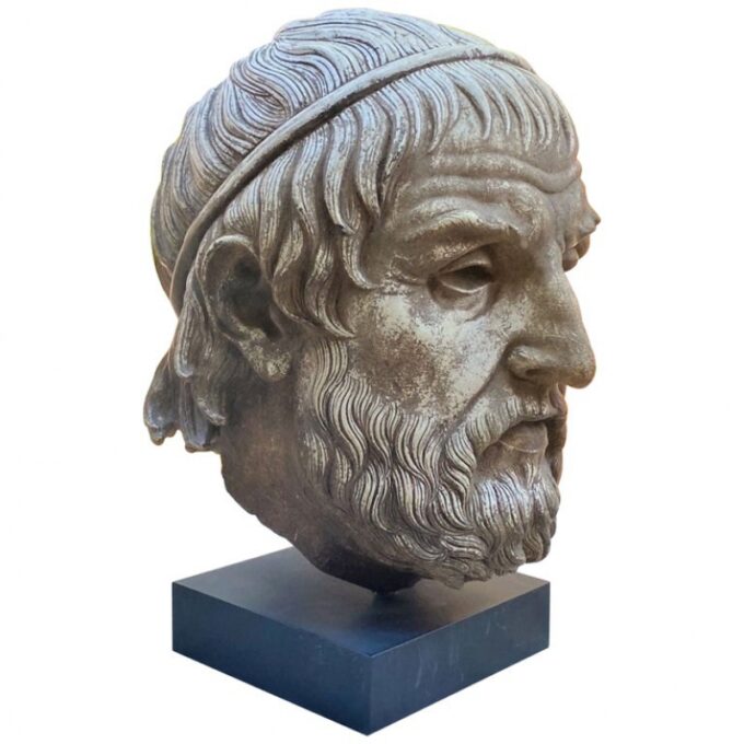 Antique Mounted on Base Sculpture Cast Head Zeus Bust Decorative Bibelot CA LA