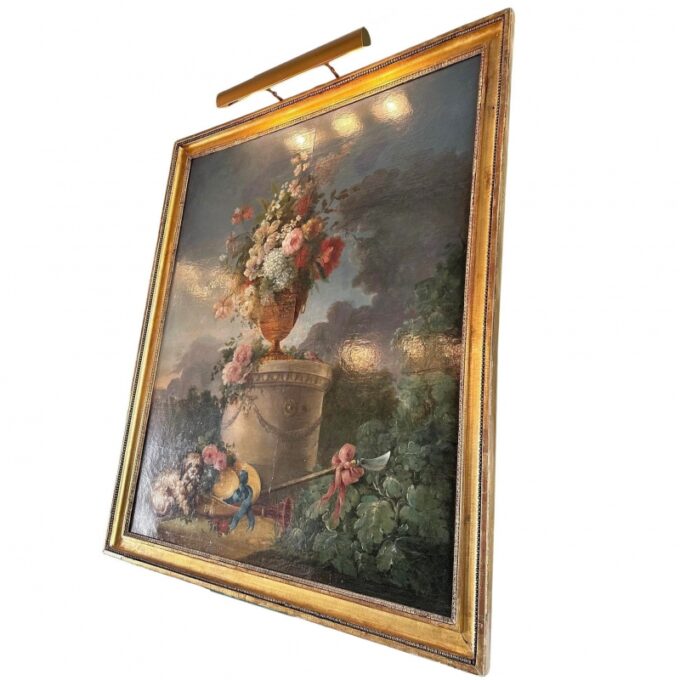 Large 18th C. Bucolic Painting Garden Nature Scene Landscape Dog Flowers Antique