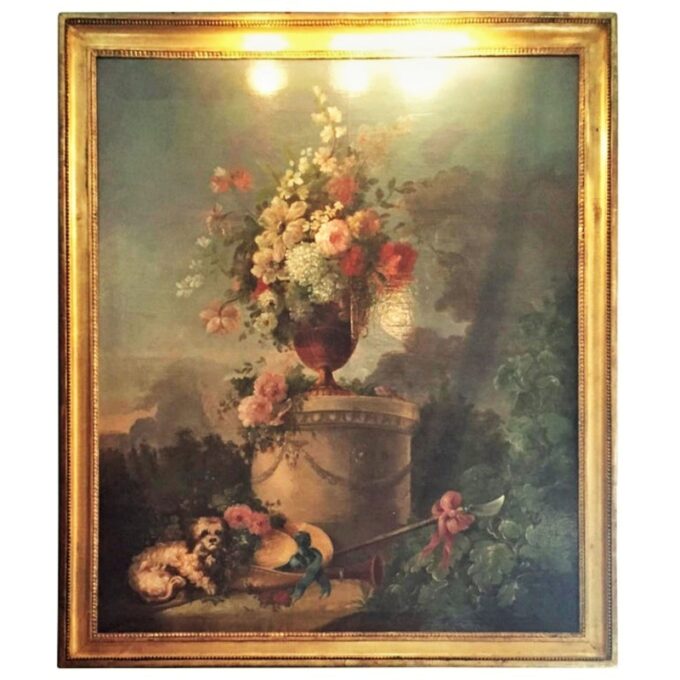 Large 18th C. Bucolic Painting Garden Nature Scene Landscape Dog Flowers Antique - Image 2