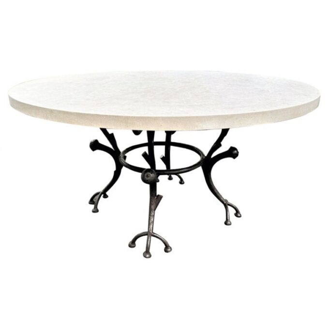 Large Round Carved Stone & Iron Garden Patio Dining Table Giacometti Style LA CA