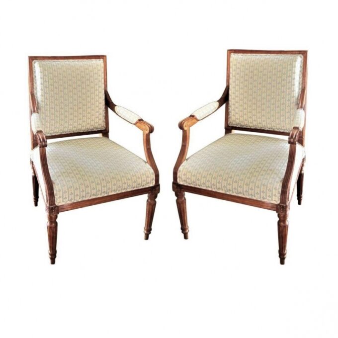 Pair Antique Armchairs Louis XVI Fauteuils in Walnut Dining Entrance Side chairs