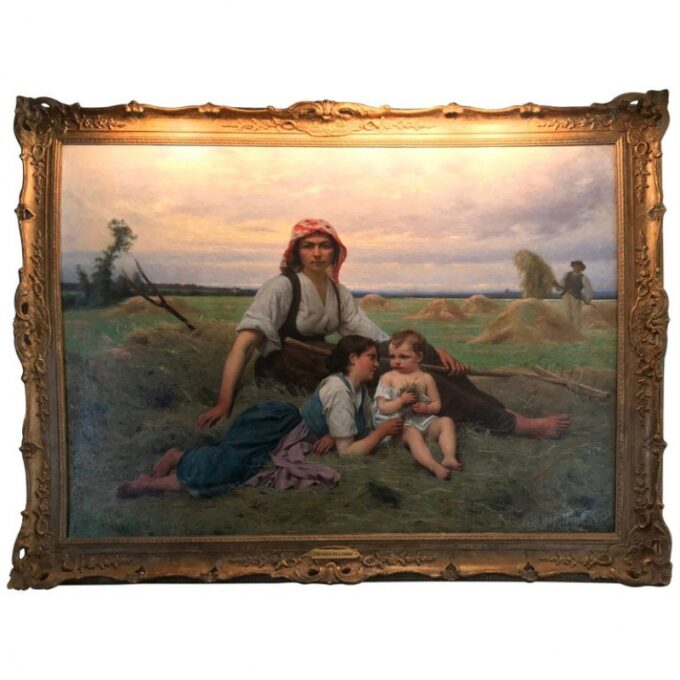 Hay Gatherer at Rest in the Field by Francois Alfred Delobbe 1881 Oil on Canvas