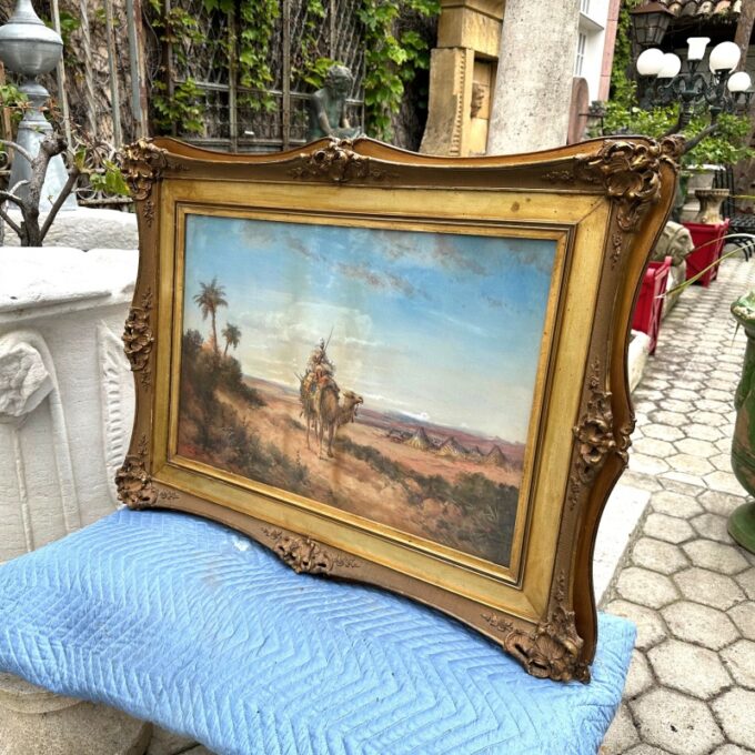 19th C. Orientalist Painting Pastel Arab and Camel, desert landscape fauna Flora - Image 2
