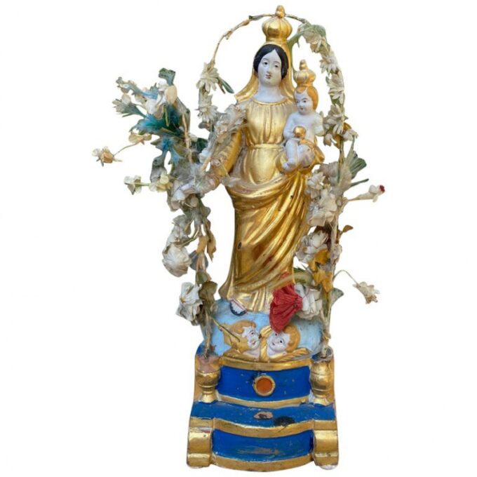 19th C. Santos Hand made statue Virgin Mary and child Antiques Los Angeles CA LA