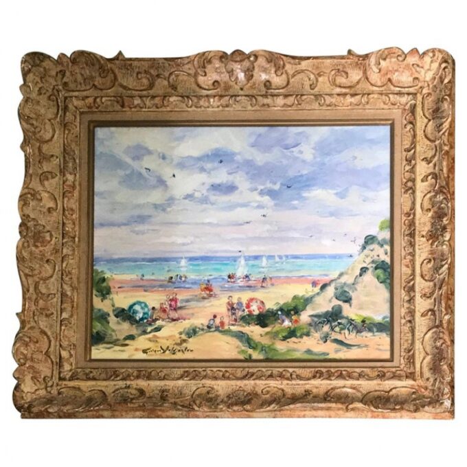 Oil on Canvas Painting 20th C Beach Seascape Greek Artist Born Paris LA gallery