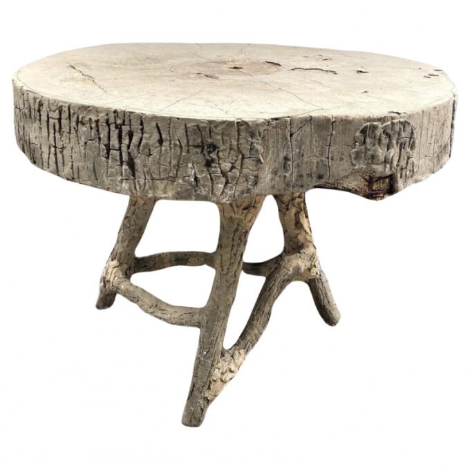 19th C. Vintage Large Faux Bois Garden Tree Table & Hand Crafted Round Top