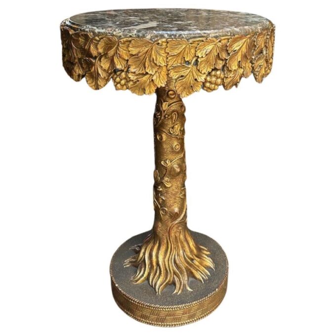 Antique Hand Carved Gilded Wood Gueridon Side Center Table & Round Marble Top