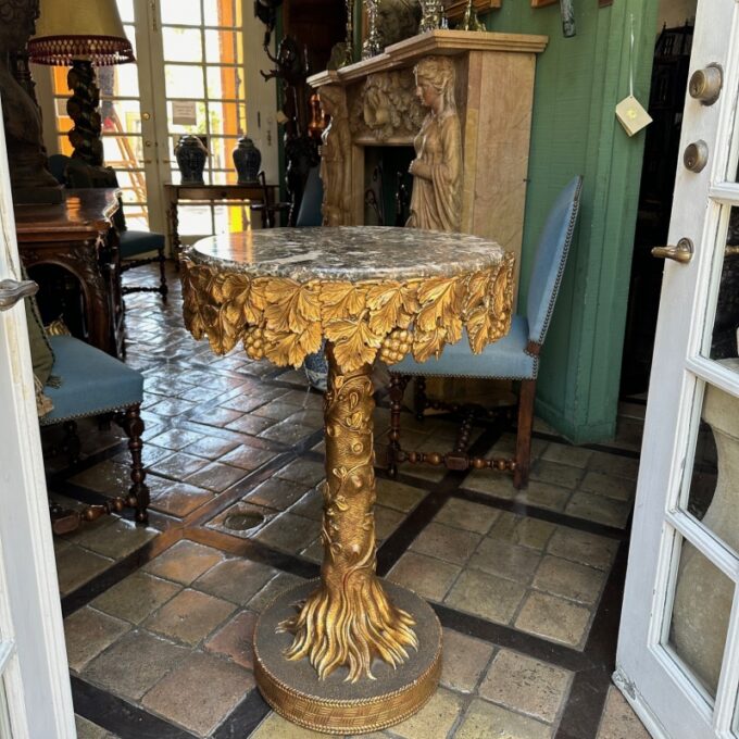Antique Hand Carved Gilded Wood Gueridon Side Center Table & Round Marble Top - Image 2