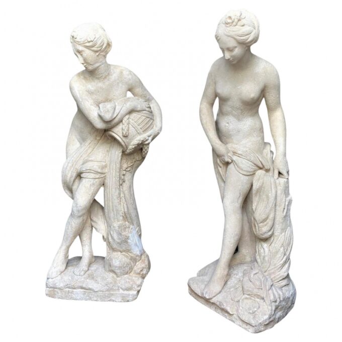 Pair 18th C. Statues Life Size Figures of Women Maiden Sculptures At Bath Stone