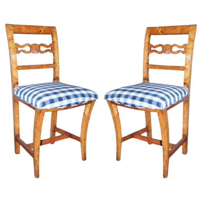 Pair 19th C. Antique Swedish Hand Carved Fruit Wood Hallway Side Chairs Rustic