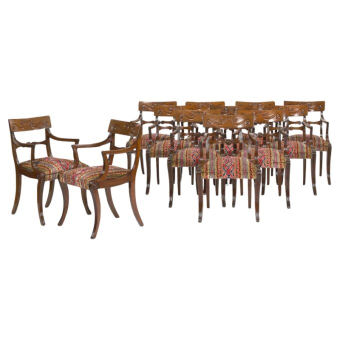 Rare Full Set Of 12 Regency Period Carved Mahogany Elbow Dining Armchairs Seats