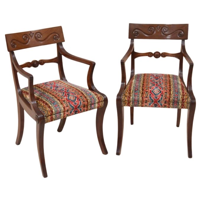 Rare Full Set Of 12 Regency Period Carved Mahogany Elbow Dining Armchairs Seats - Image 2