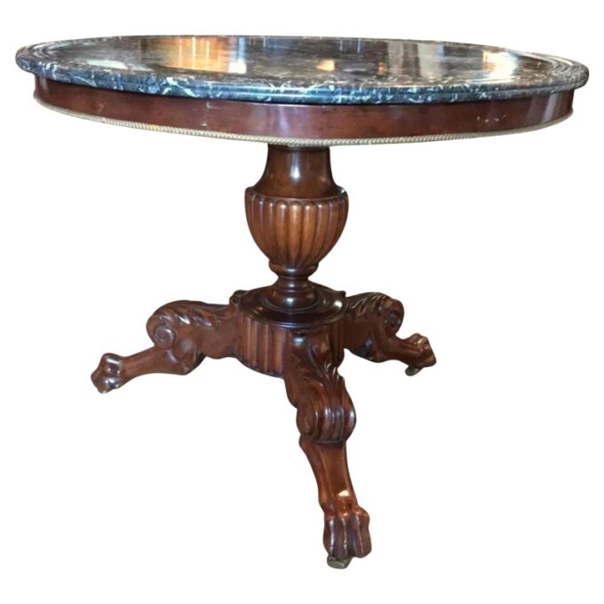 19th C. Hand Carved Wood Round Table & Marble, Top Center Entrance Hall Gueridon