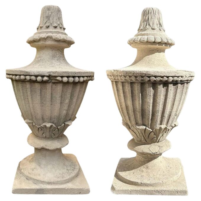 Pair 18th C. Hand Carved Stone Finials Architectural Element Urn Center Pieces