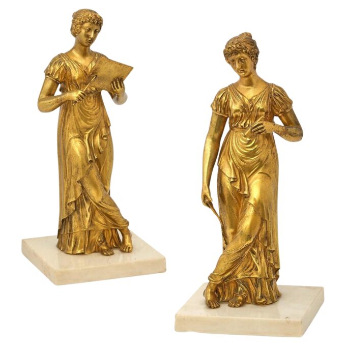 Pair 19th Century Of French Gilt Bronze Female Figures Science & Art Decorative