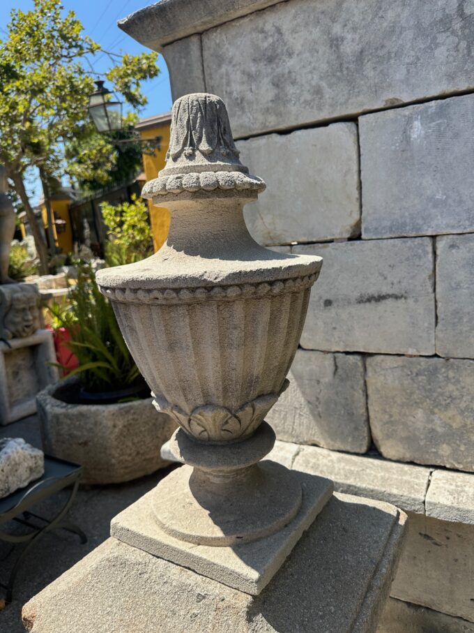 Pair 18th C. Hand Carved Stone Finials Architectural Element Urn Center Pieces