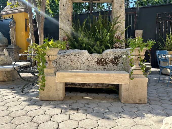 Hand Carved Stone Garden Bench Seat & Side Jardinière Urns Rustic Elements LA CA