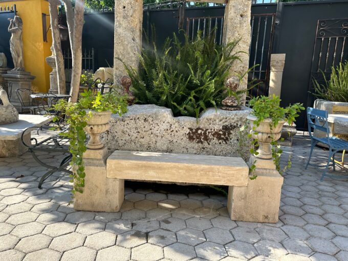 Hand Carved Stone Garden Bench Seat & Side Jardinière Urns Rustic Elements LA CA