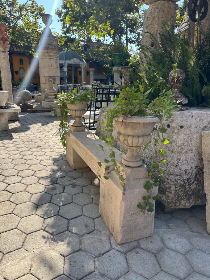 Hand Carved Stone Garden Bench Seat & Side Jardinière Urns Rustic Elements LA CA