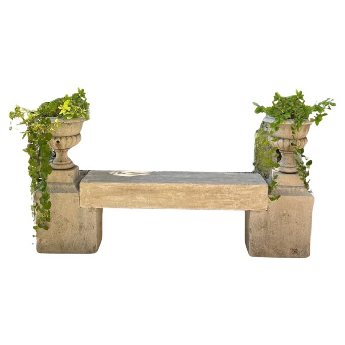 Hand Carved Stone Garden Bench Seat & Side Jardinière Urns Rustic Elements LA CA