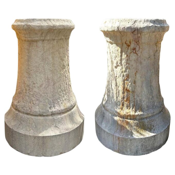 Pair Antique Hand Carved Stone Pillars Columns Posts Base Architectural Pedestal