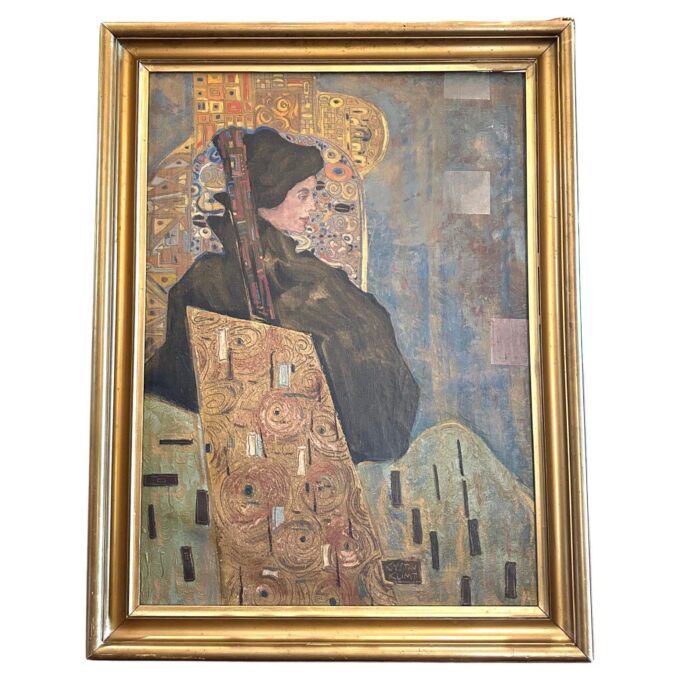 Austrian Painting Portrait Of lady oil on canvas Signed Gustav Klimt Framed Art