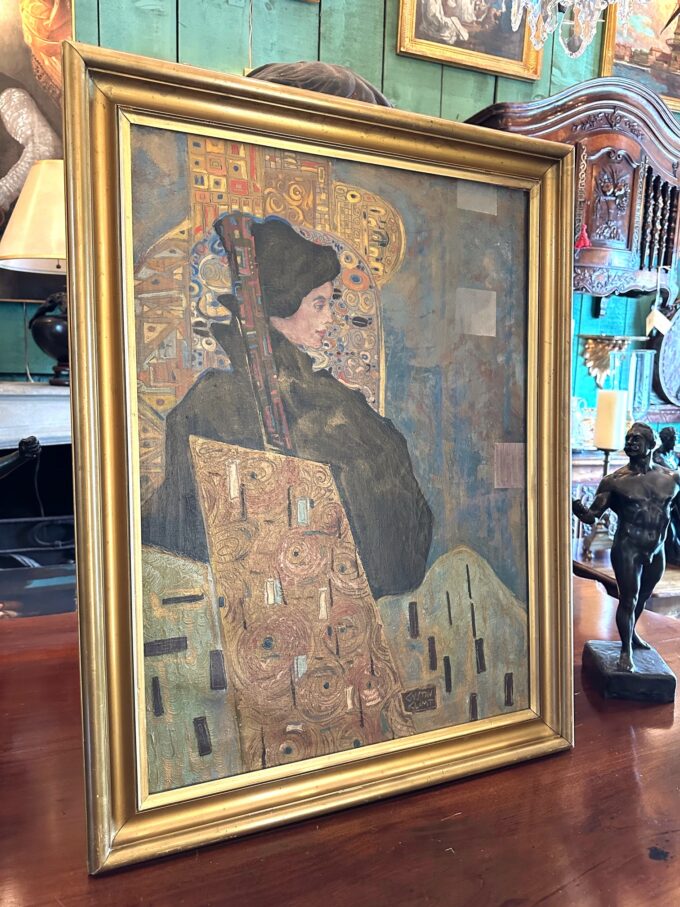 Austrian Painting Portrait Of lady oil on canvas Signed Gustav Klimt Framed Art