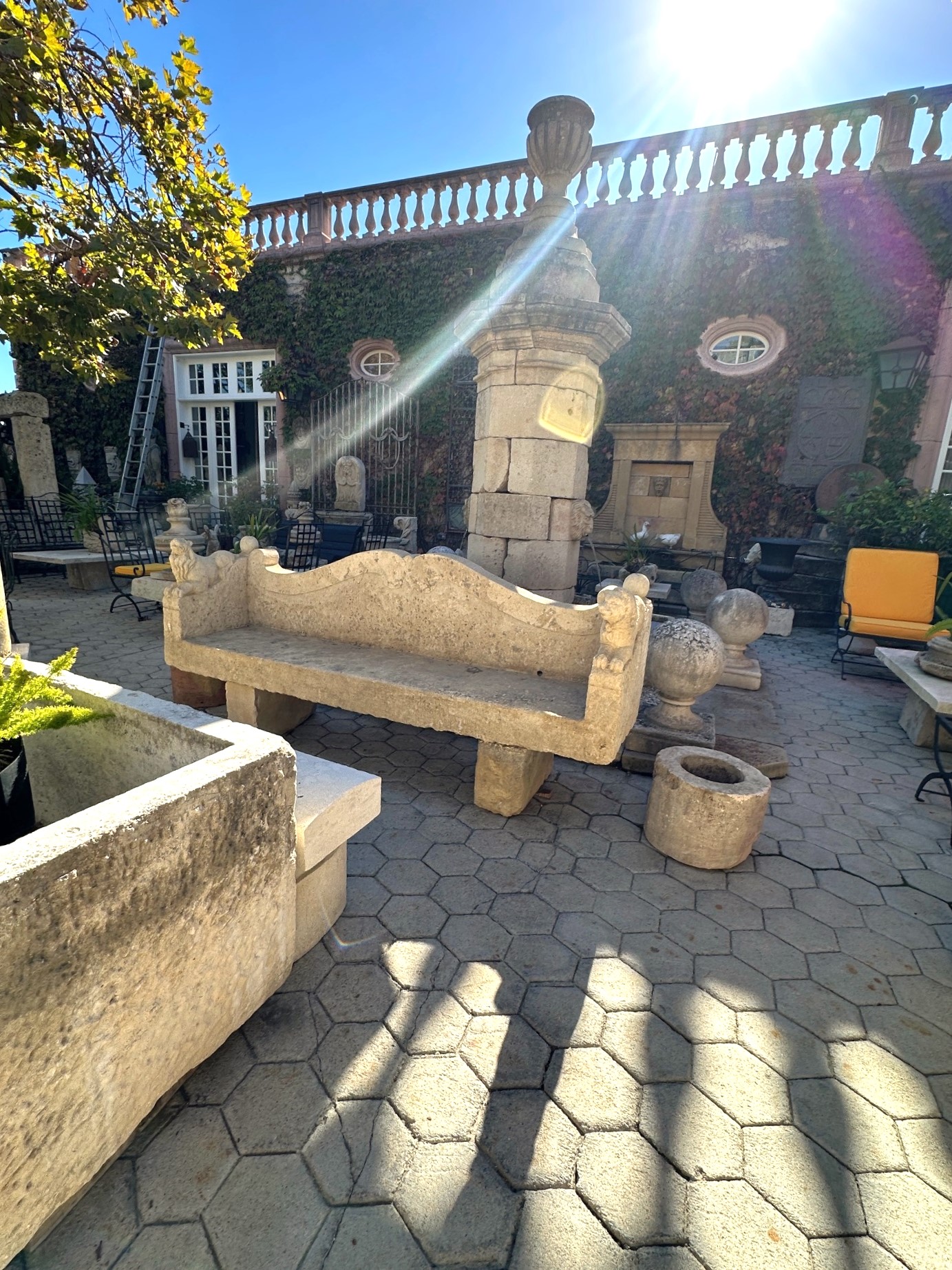 Large Hand Carved Stone Rustic Chateau Garden Bench Regal Outdoor Seat Antique