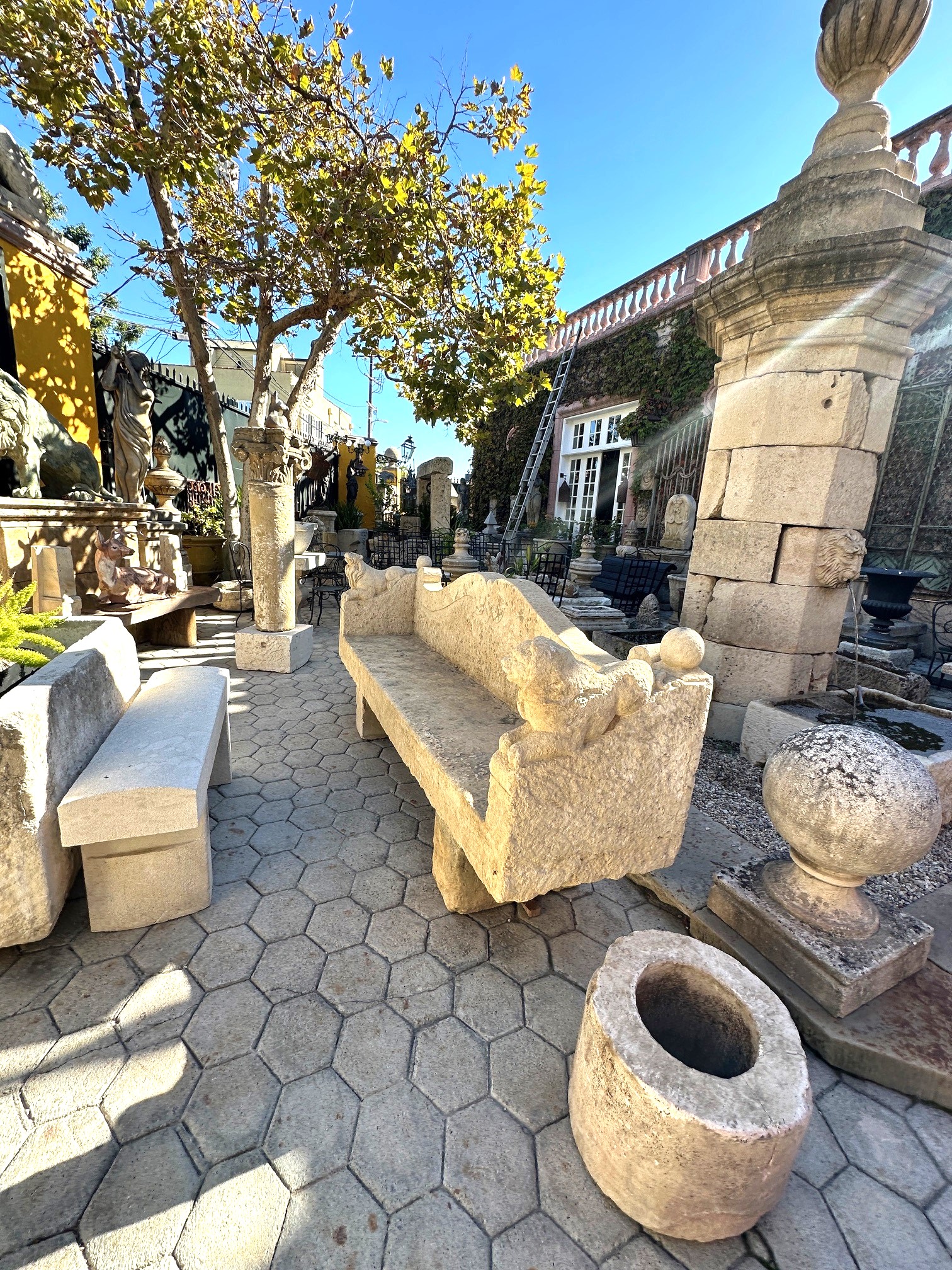 Large Hand Carved Stone Rustic Chateau Garden Bench Regal Outdoor Seat Antique