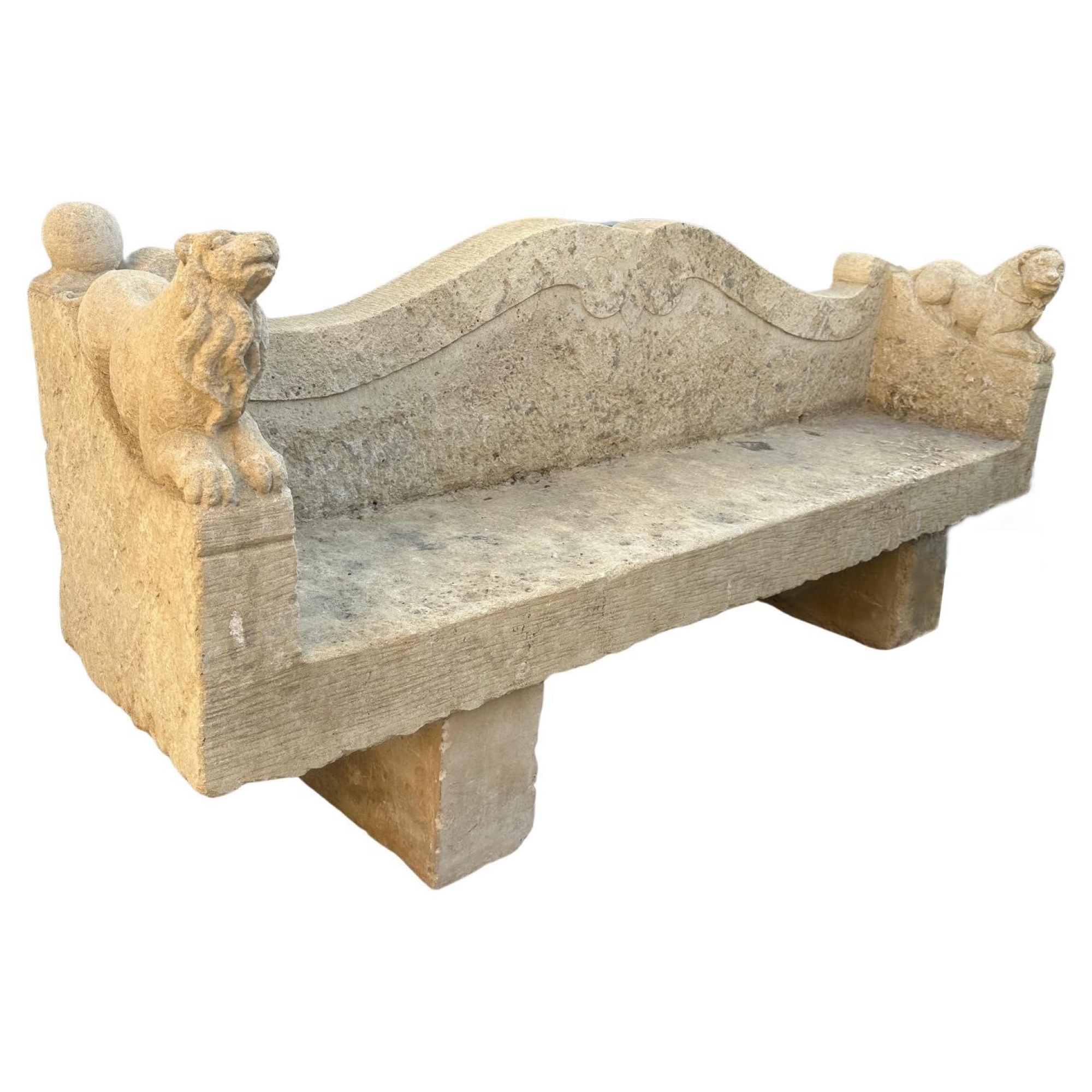 Large Hand Carved Stone Rustic Chateau Garden Bench Regal Outdoor Seat Antique